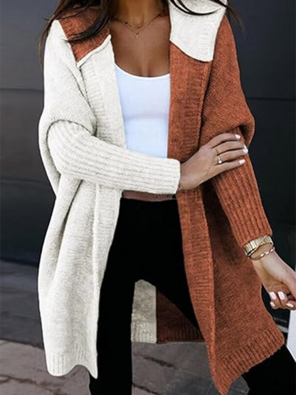 Cardigans - Hooded Cardigan Color Block Knitted Sweater