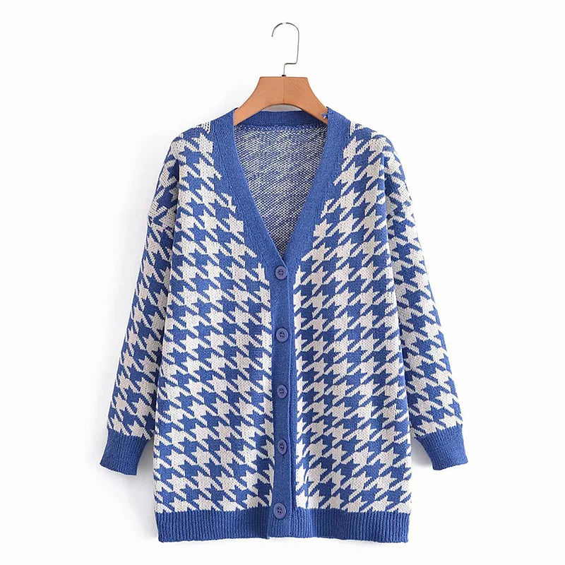 Cardigans - Houndstooth & Trim Casual Grandpa Cardigan