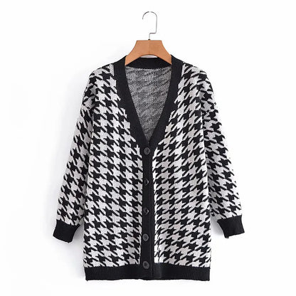 Cardigans - Houndstooth & Trim Casual Grandpa Cardigan