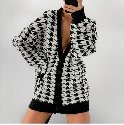 Cardigans - Houndstooth & Trim Casual Grandpa Cardigan