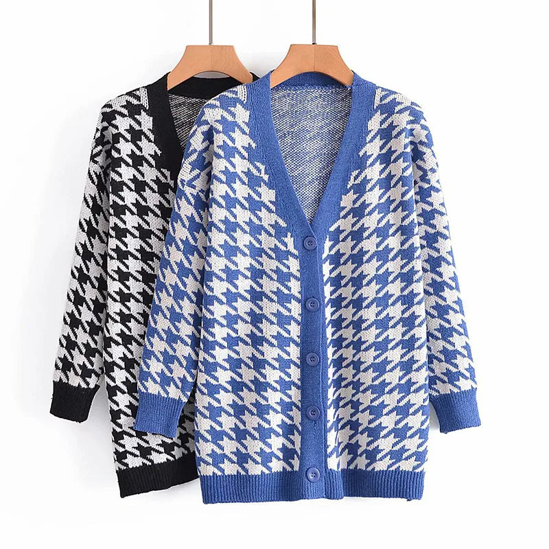 Cardigans - Houndstooth & Trim Casual Grandpa Cardigan