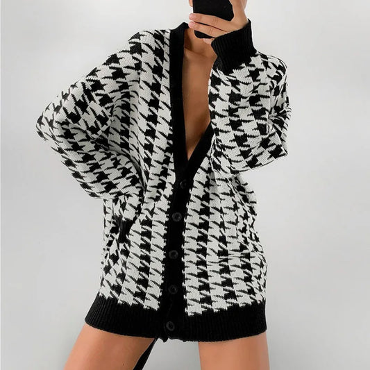 Cardigans - Houndstooth & Trim Casual Grandpa Cardigan