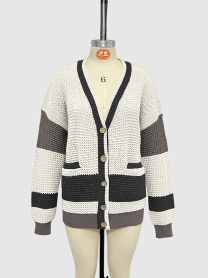 Cardigans- Long Striped Knit Cardigan Color-Block Layer for Women- - Pekosa Women Fashion