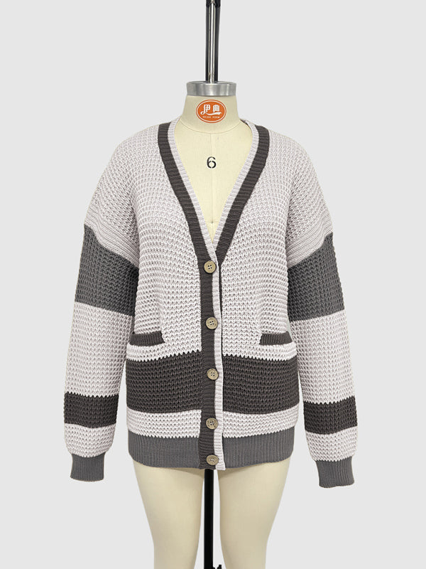 Cardigans- Long Striped Knit Cardigan Color-Block Layer for Women- - Pekosa Women Fashion