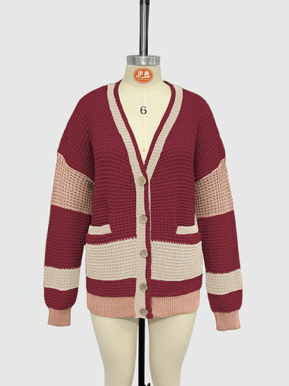 Cardigans- Long Striped Knit Cardigan Color-Block Layer for Women- - Pekosa Women Fashion