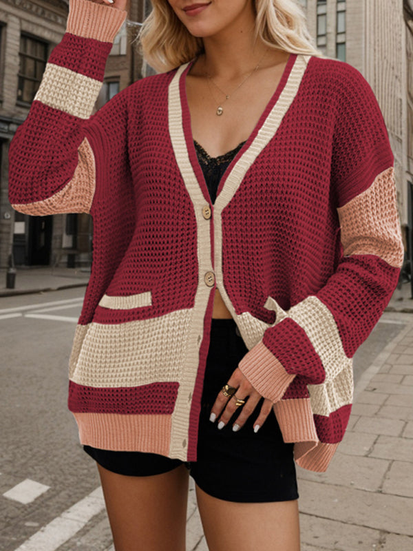 Cardigans- Long Striped Knit Cardigan Color-Block Layer for Women- Red- Pekosa Women Fashion