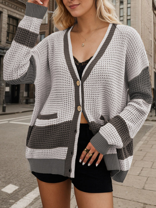 Cardigans- Long Striped Knit Cardigan Color-Block Layer for Women- Grey- Pekosa Women Fashion