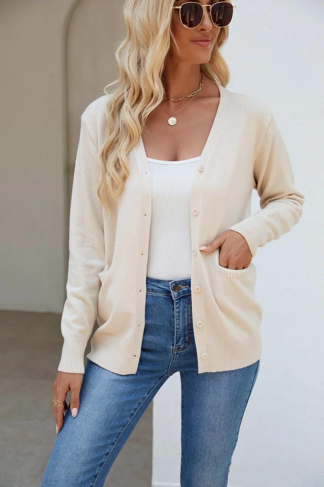 Cardigans - Mid-Length Button Cardigan Essential Layering Knitwear