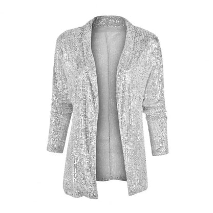 Cardigans- Mid-Length Sequin Cardigan Sparkle Jacket for Women- Silver- Pekosa Women Fashion