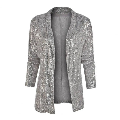 Cardigans- Mid-Length Sequin Cardigan Sparkle Jacket for Women- Grey- Pekosa Women Fashion