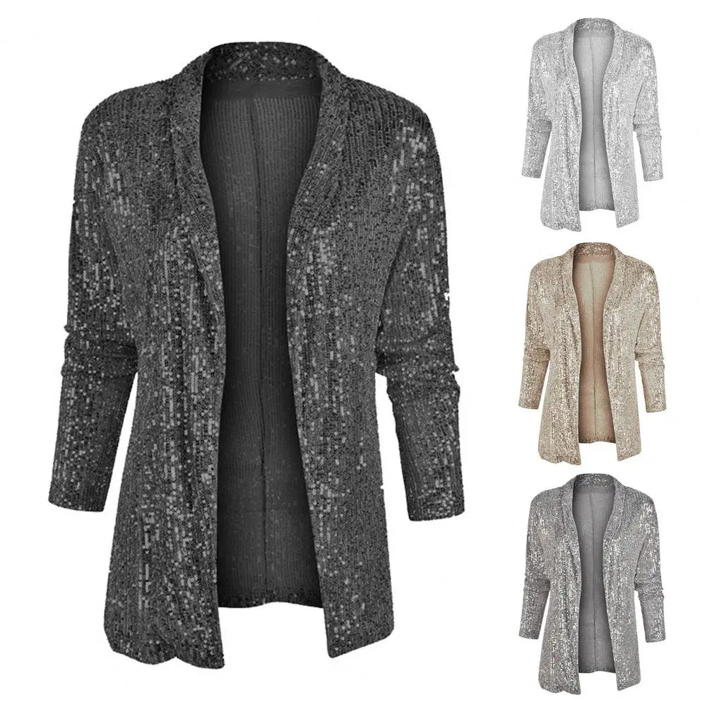 Cardigans- Mid-Length Sequin Cardigan Sparkle Jacket for Women- - Pekosa Women Fashion