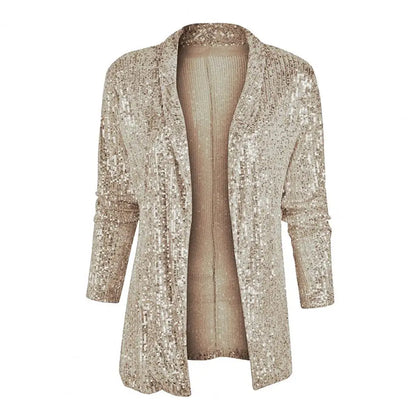 Cardigans- Mid-Length Sequin Cardigan Sparkle Jacket for Women- Champagne- Pekosa Women Fashion