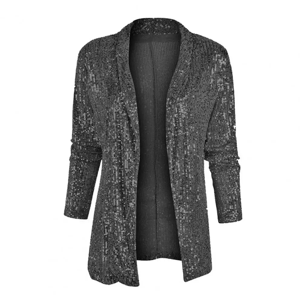 Cardigans- Mid-Length Sequin Cardigan Sparkle Jacket for Women- Black- Pekosa Women Fashion