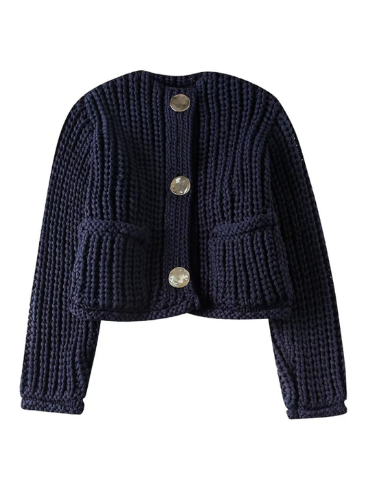 Cardigans- Navy Blue Button-Up Cropped Cardigan for Spring & Autumn Outings- Champlain color- Pekosa Women Fashion