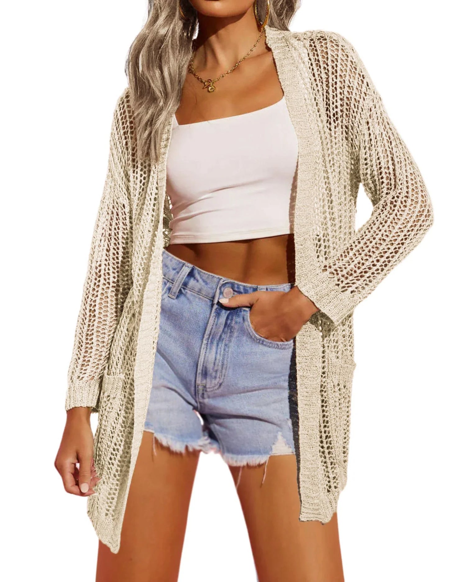 Cardigans- Open-Front Crochet Knit Cardigan for Women- - Chuzko Women Clothing