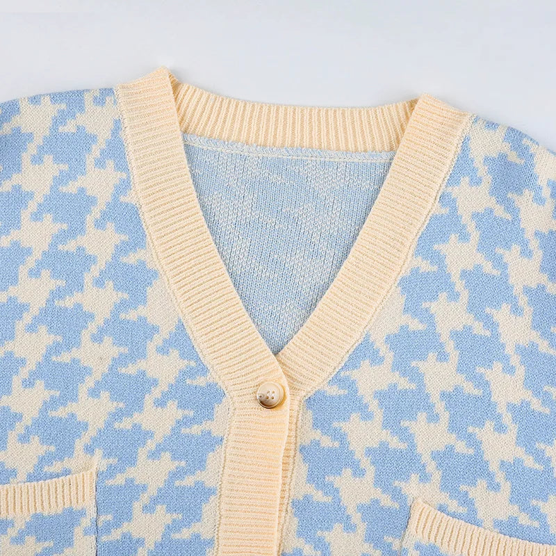 Cardigans - Pastel Blue Houndstooth Crop Cardigan