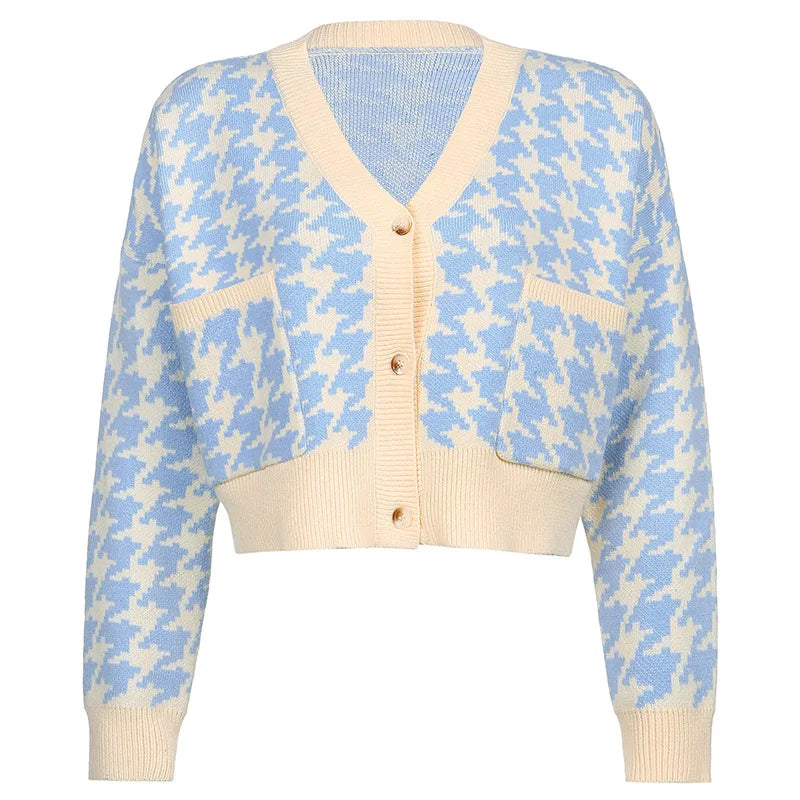 Cardigans - Pastel Blue Houndstooth Crop Cardigan