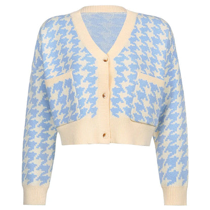 Cardigans - Pastel Blue Houndstooth Crop Cardigan