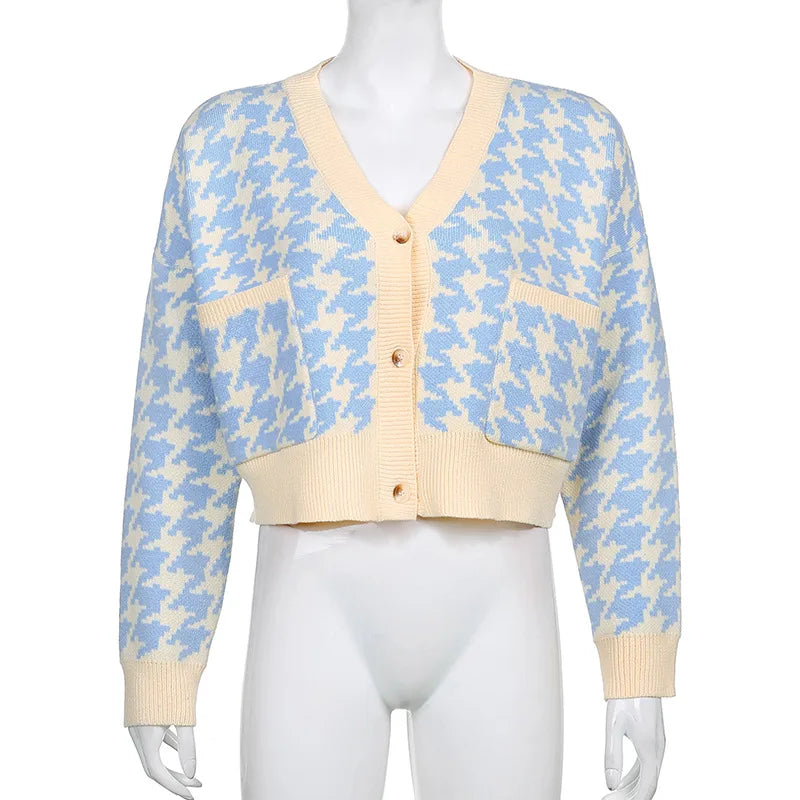 Cardigans - Pastel Blue Houndstooth Crop Cardigan