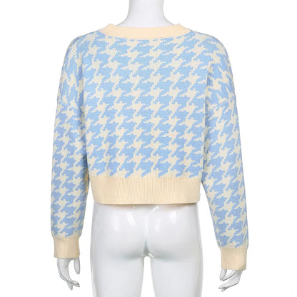 Cardigans - Pastel Blue Houndstooth Crop Cardigan