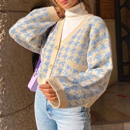 Cardigans - Pastel Blue Houndstooth Crop Cardigan