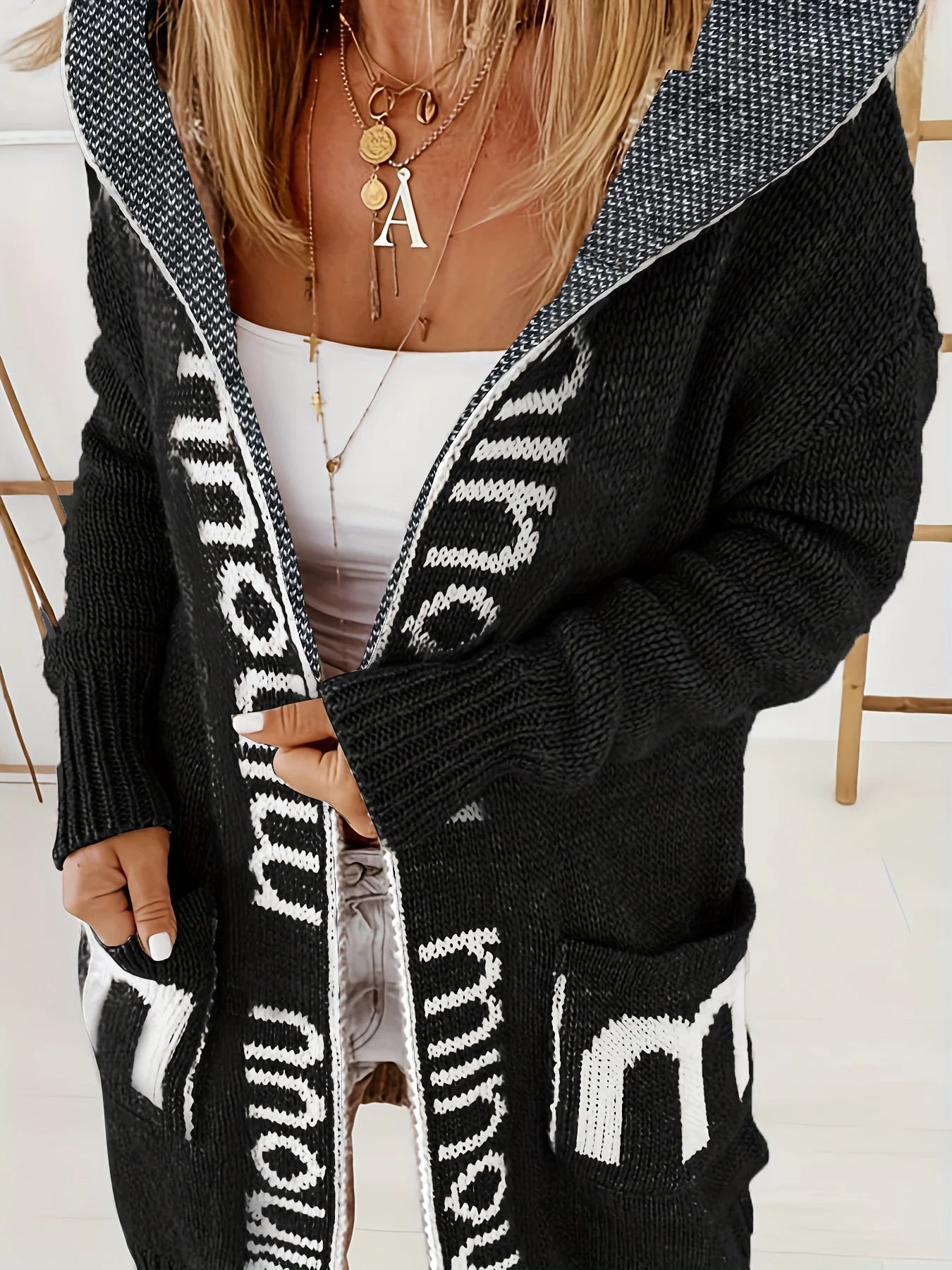 Cardigans- Plus Size Lettered Hooded Cardigan with Pockets