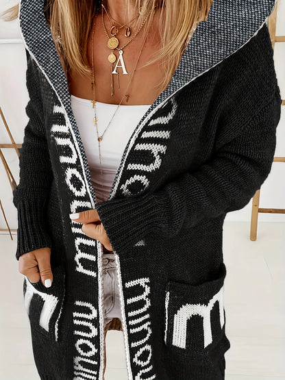 Cardigans- Plus Size Lettered Hooded Cardigan with Pockets