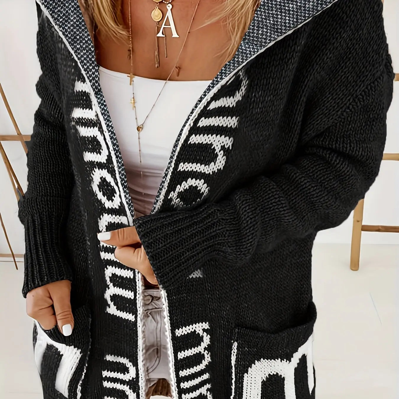 Cardigans- Plus Size Lettered Hooded Cardigan with Pockets