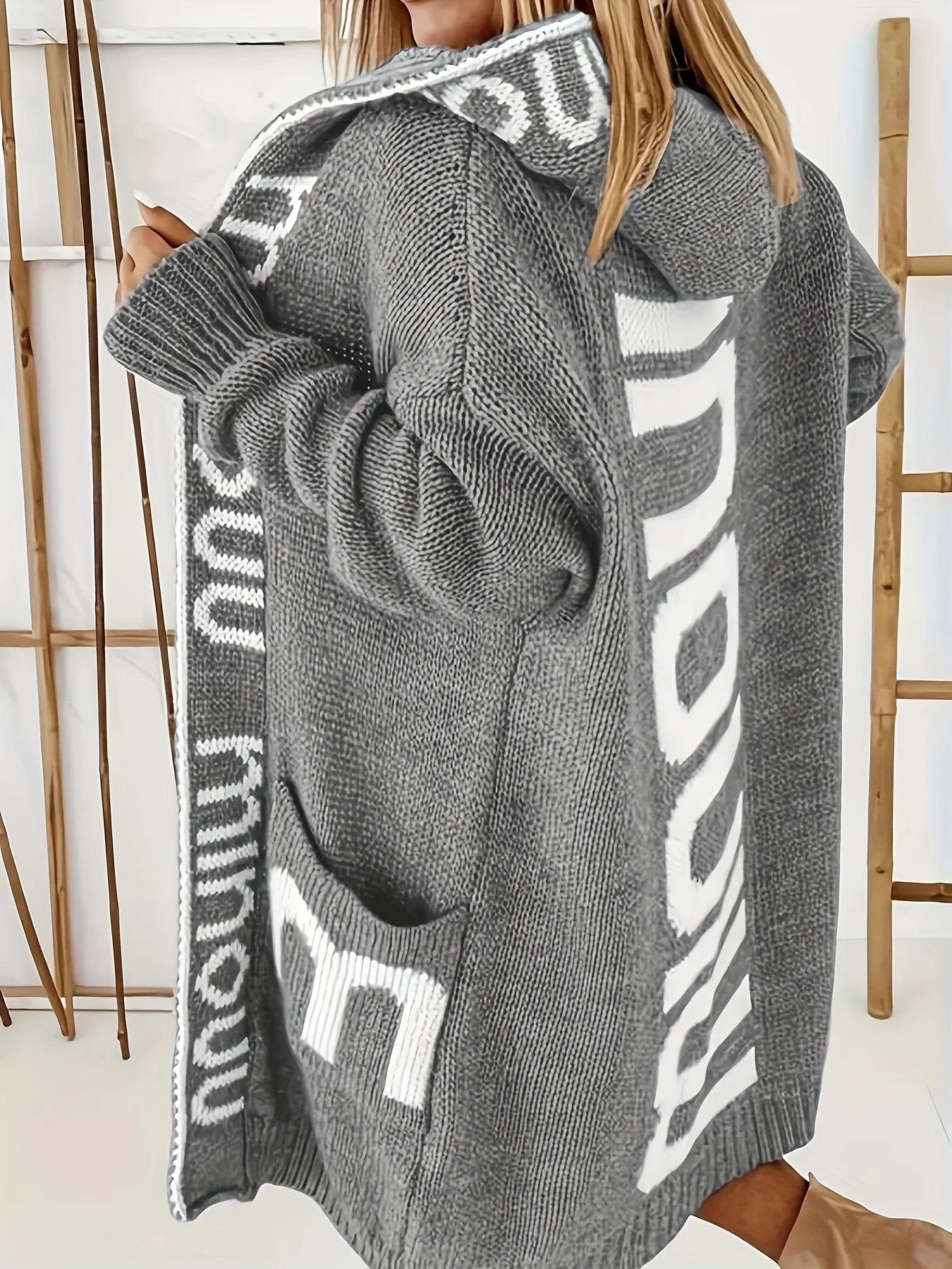 Cardigans- Plus Size Lettered Hooded Cardigan with Pockets