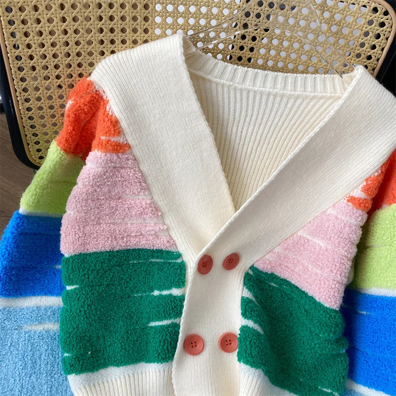 Cardigans - Rainbow Stripe Button-Up Cardigan