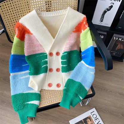 Cardigans - Rainbow Stripe Button-Up Cardigan