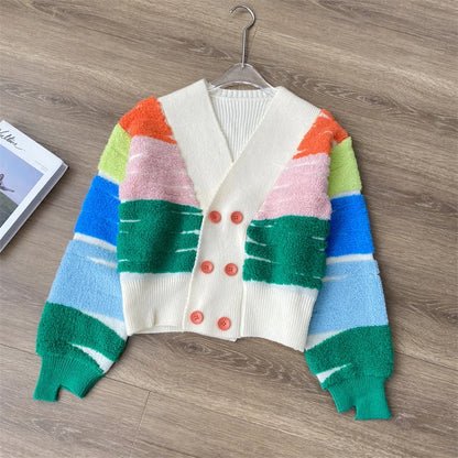 Cardigans - Rainbow Stripe Button-Up Cardigan