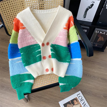 Cardigans - Rainbow Stripe Button-Up Cardigan