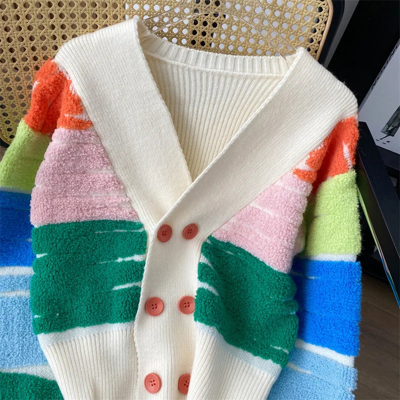 Cardigans - Rainbow Stripe Button-Up Cardigan