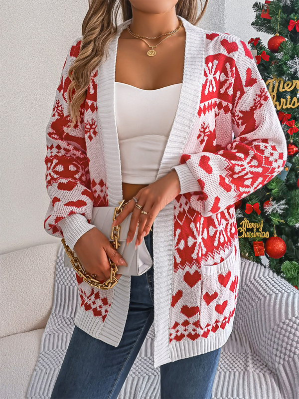 Cardigans - Reindeer Christmas Theme Long Sleeve Knit Cardigan