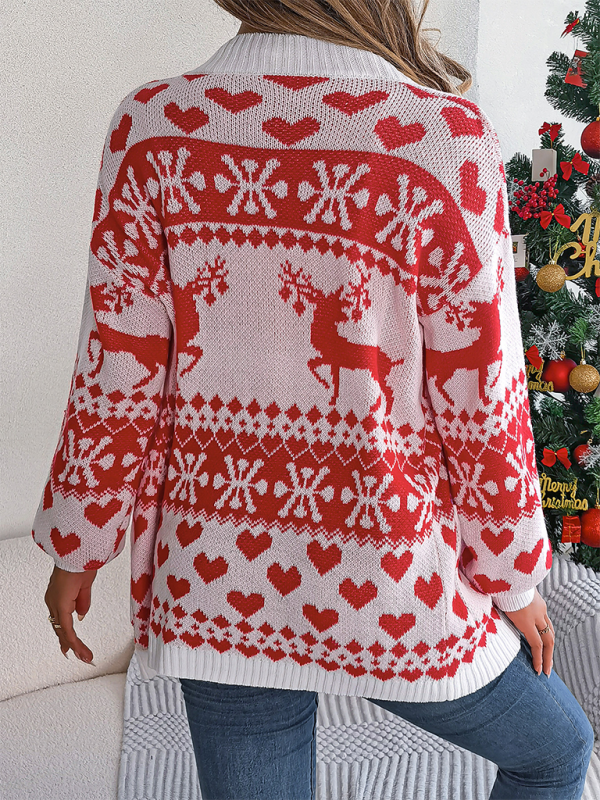 Cardigans - Reindeer Christmas Theme Long Sleeve Knit Cardigan