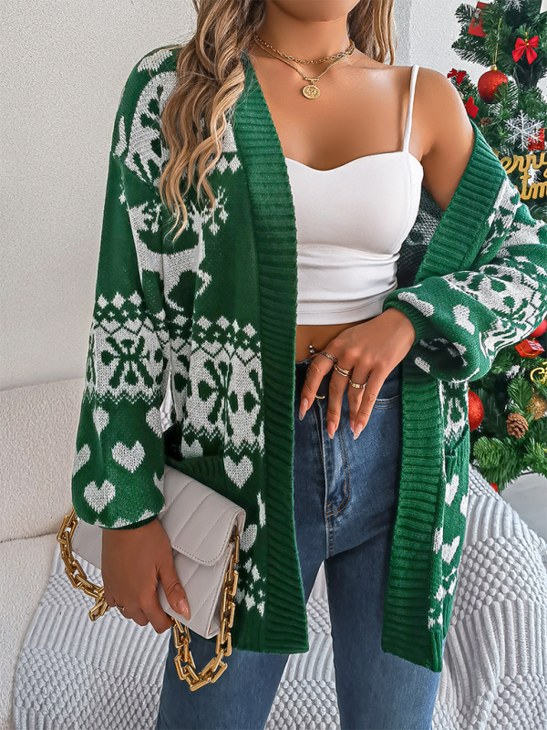 Cardigans - Reindeer Christmas Theme Long Sleeve Knit Cardigan