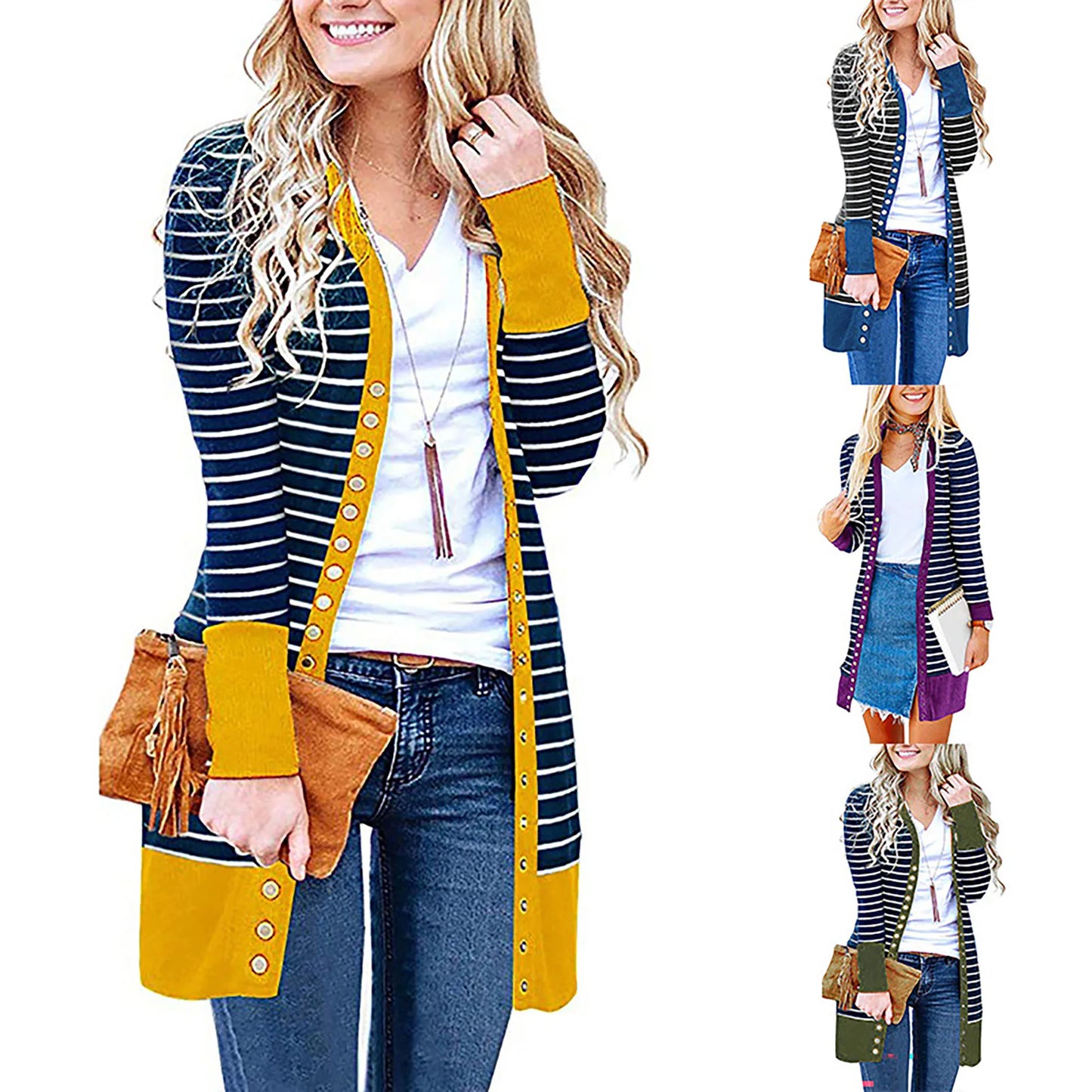 Cardigans- Striped Button-Up Duster Cardigan for Women- - Pekosa Women Fashion