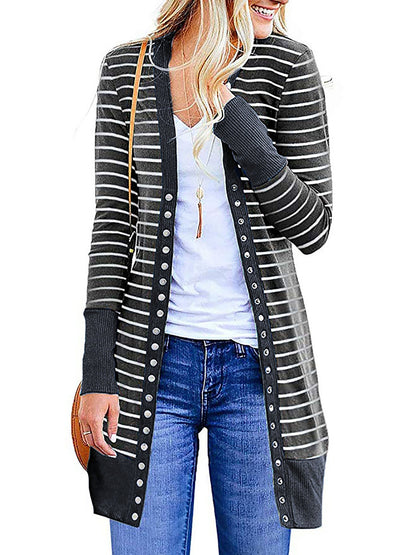 Cardigans- Striped Button-Up Duster Cardigan for Women- - Pekosa Women Fashion