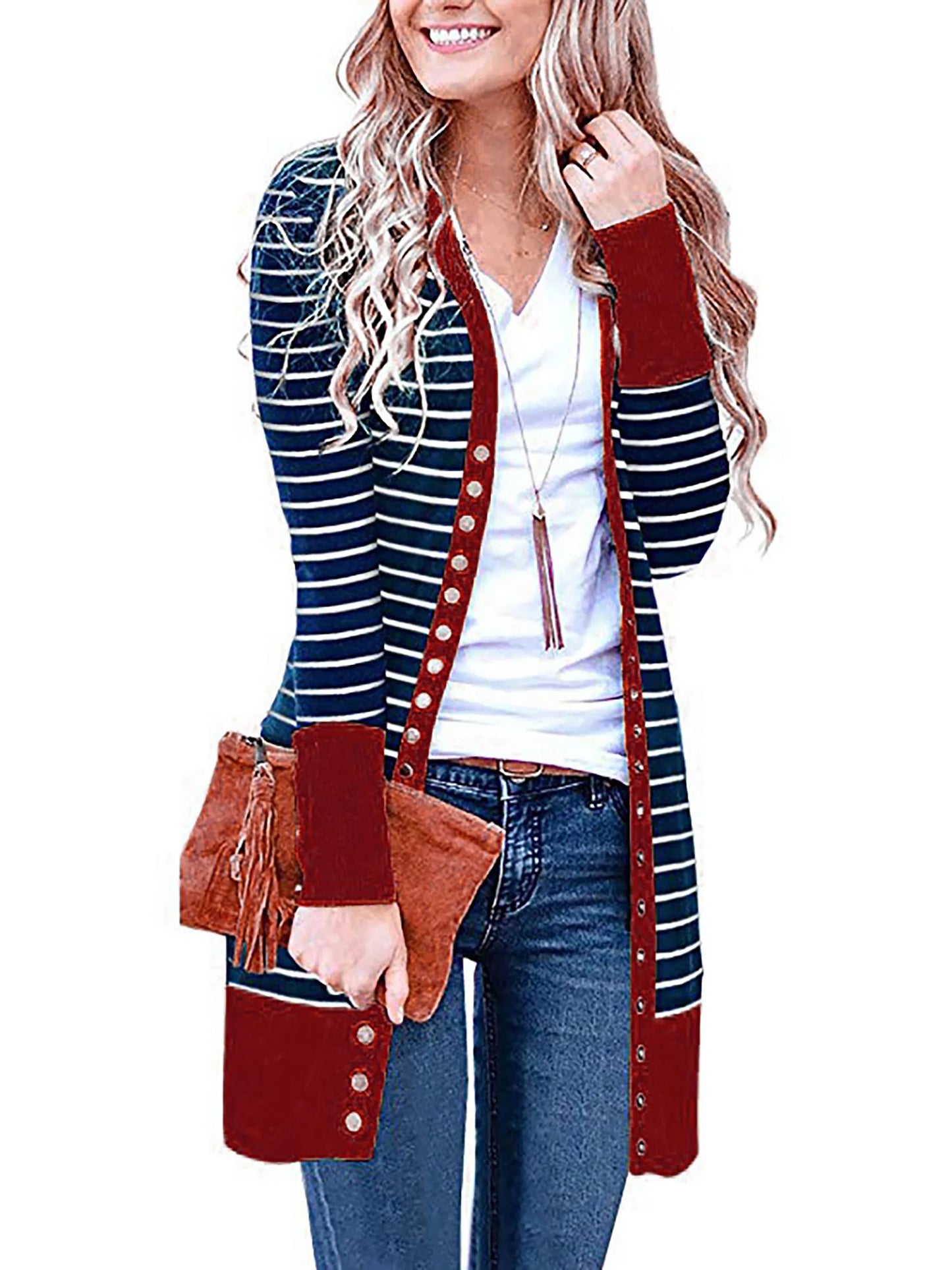 Cardigans- Striped Button-Up Duster Cardigan for Women- Burgundy- Pekosa Women Fashion