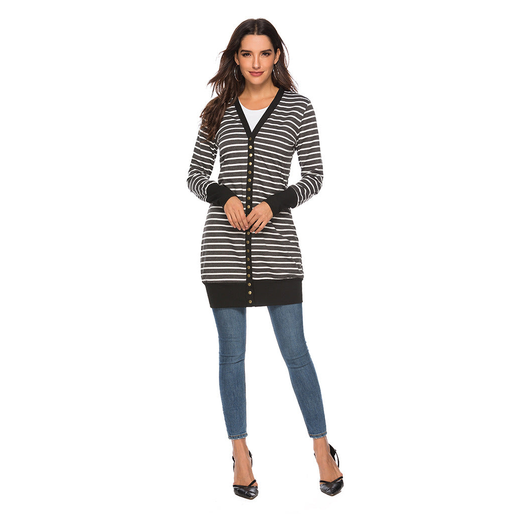 Cardigans- Striped Button-Up Duster Cardigan for Women- - Pekosa Women Fashion