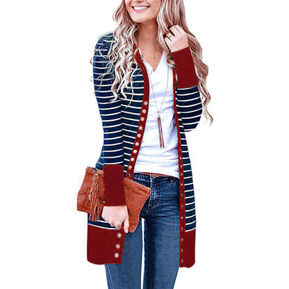 Cardigans- Striped Button-Up Duster Cardigan for Women- - Pekosa Women Fashion