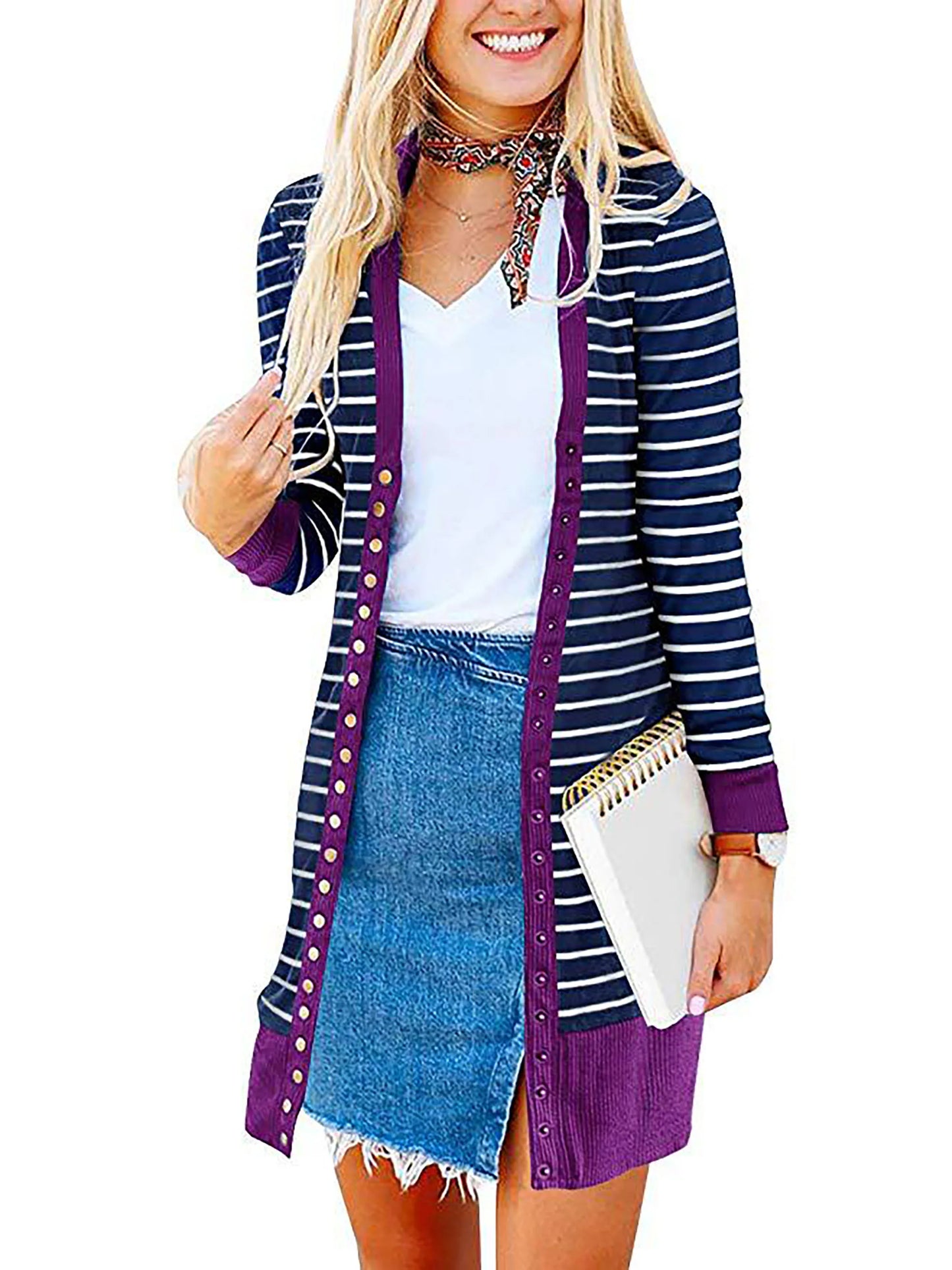 Cardigans- Striped Button-Up Duster Cardigan for Women- Purple- Pekosa Women Fashion