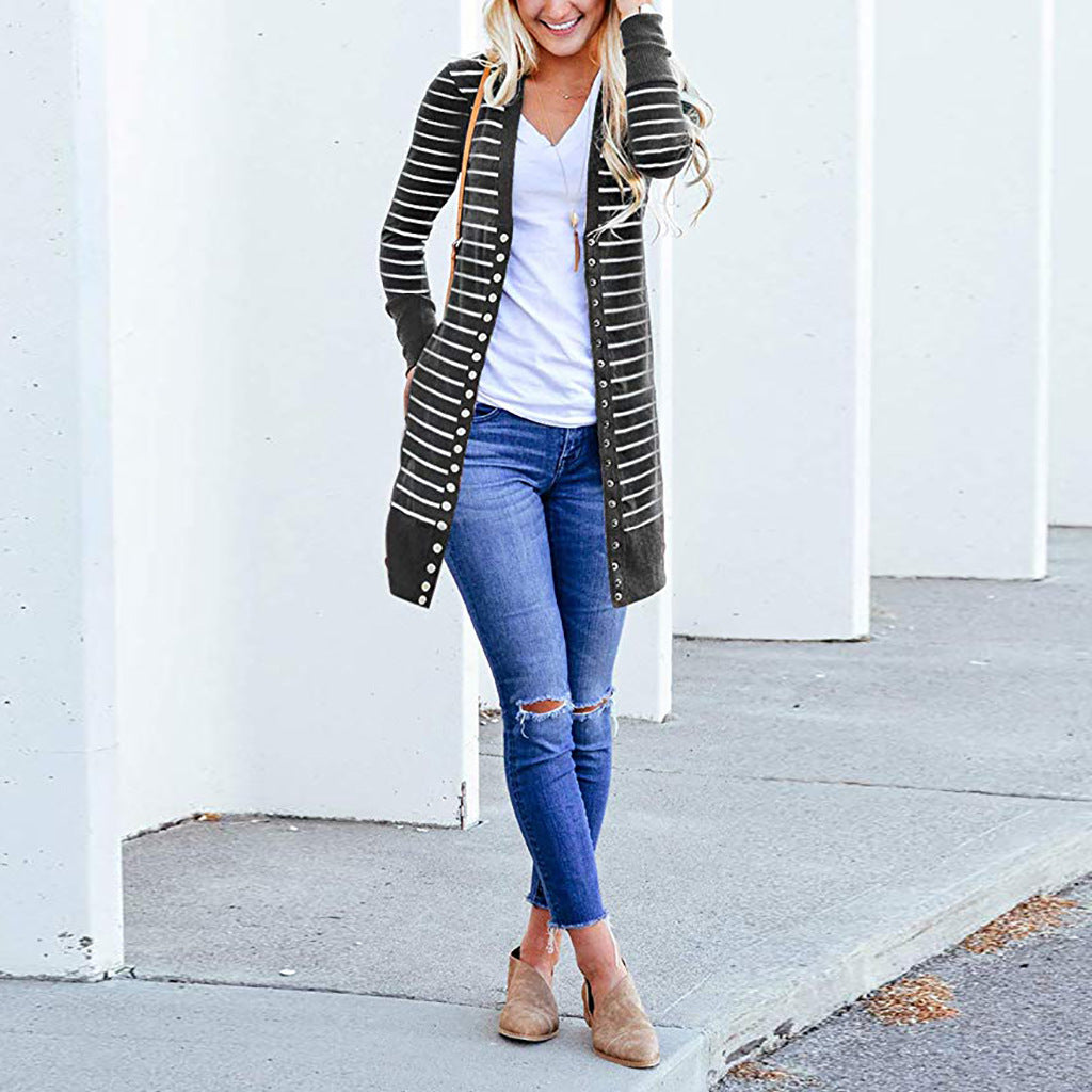 Cardigans- Striped Button-Up Duster Cardigan for Women- - Pekosa Women Fashion