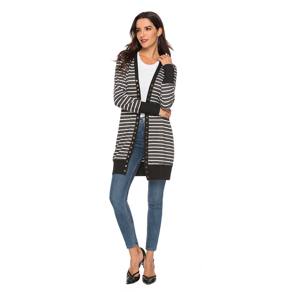 Cardigans- Striped Button-Up Duster Cardigan for Women- - Pekosa Women Fashion