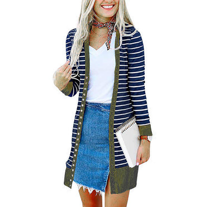 Cardigans- Striped Button-Up Duster Cardigan for Women- - Pekosa Women Fashion