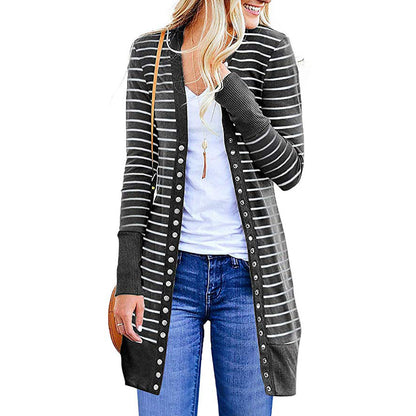 Cardigans- Striped Button-Up Duster Cardigan for Women- - Pekosa Women Fashion