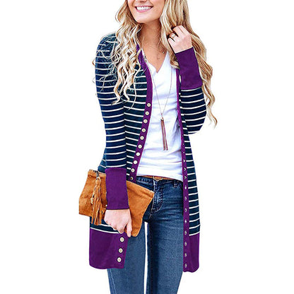 Cardigans- Striped Button-Up Duster Cardigan for Women- - Pekosa Women Fashion