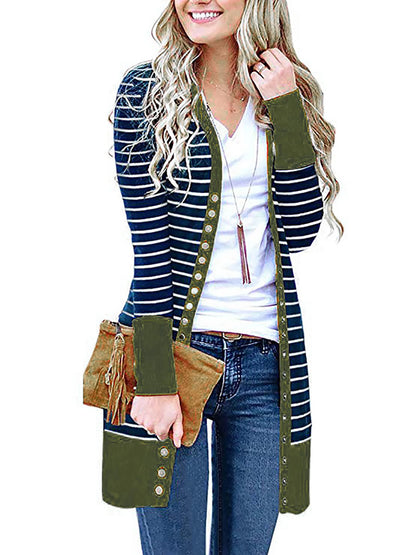 Cardigans- Striped Button-Up Duster Cardigan for Women- Green- Pekosa Women Fashion