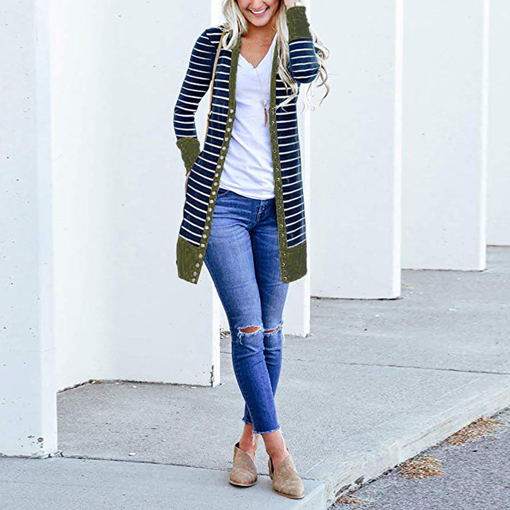 Cardigans- Striped Button-Up Duster Cardigan for Women- - Pekosa Women Fashion